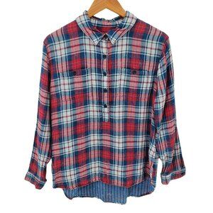 BeachLunchLounge Womens Plaid Half Button Long Sleeve Shirt Sz M 100% Cotton